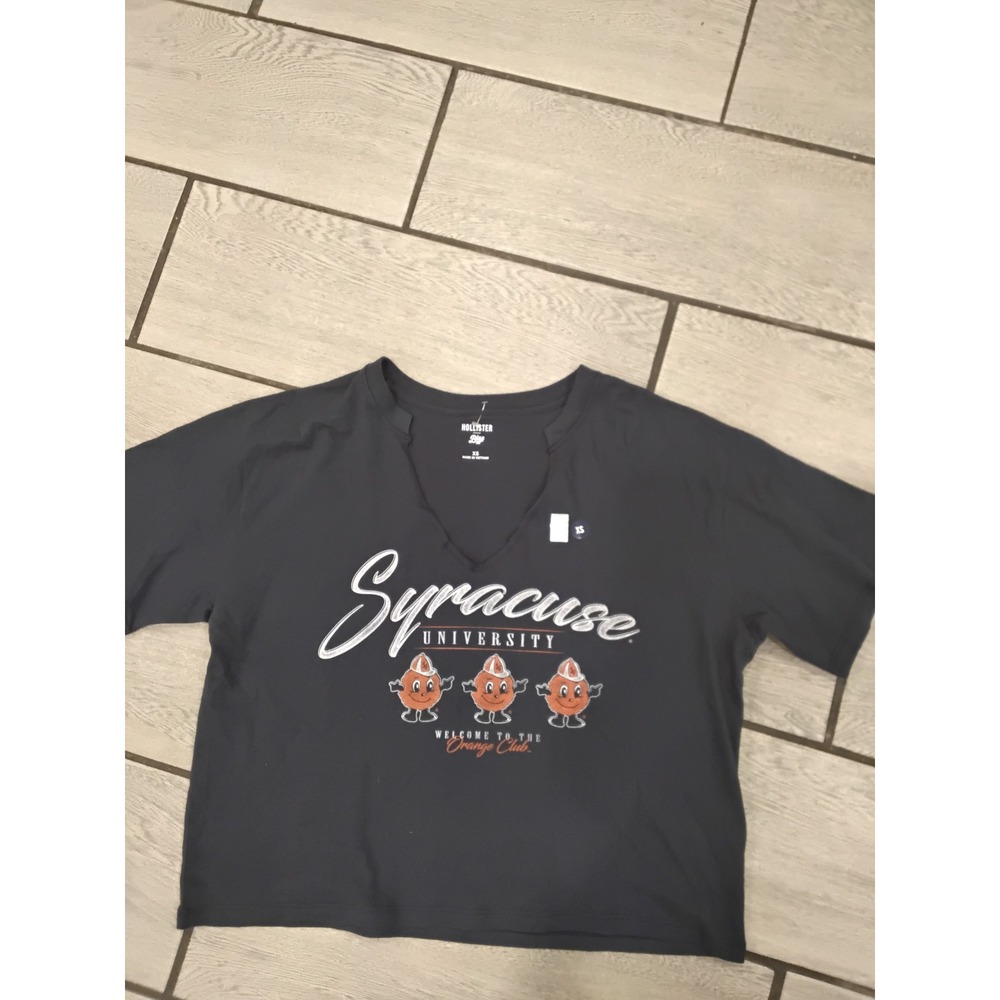 Hollister Syracuse University Crop T-Shirt Gray Notched V-Neck‎ XS NEW